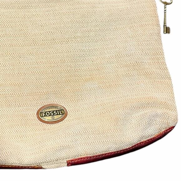 Vintage FOSSIL Leather Canvas Bag Patchwork Circles Crossbody Shoulder Logo Key - Picture 4 of 9